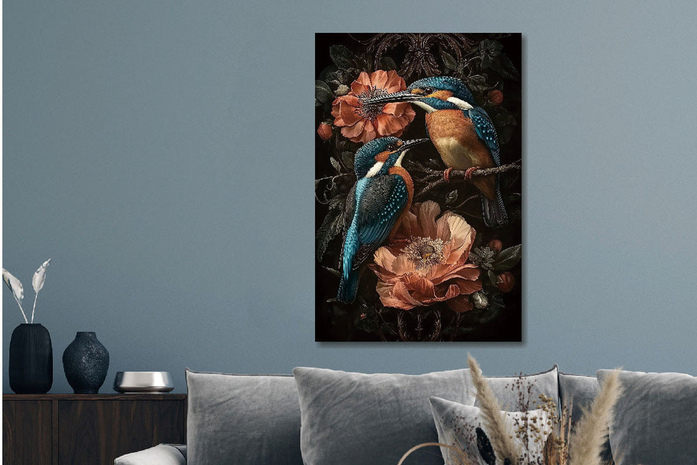 Glasschilderij twee IJsvogels & bloemen  80x120 cm