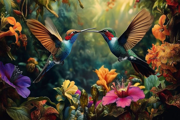 Glasschilderij twee vliegende kolibris vogels in kleur 120x80 cm