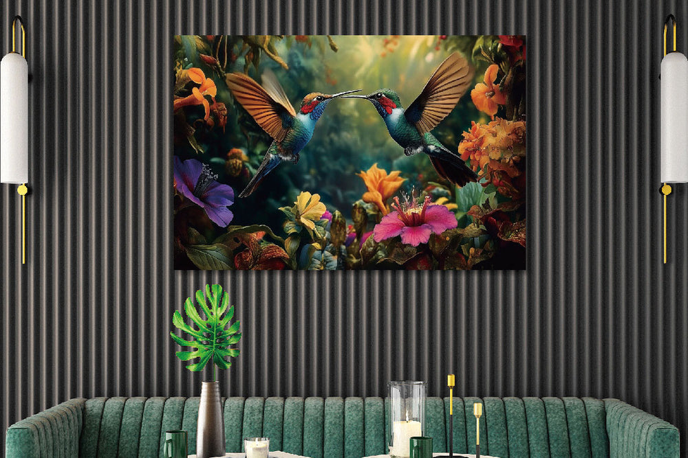 Glasschilderij twee vliegende kolibris vogels in kleur 120x80 cm