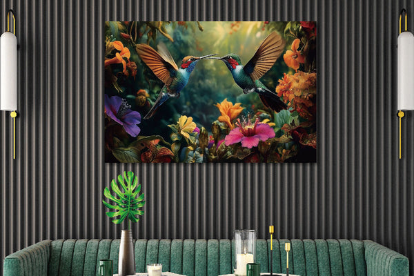Glasschilderij twee vliegende kolibris vogels in kleur 120x80 cm
