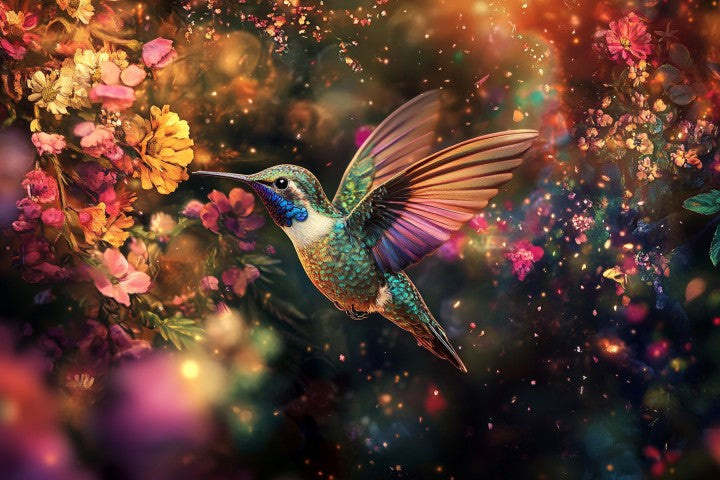 Glasschilderij vliegende kolibri naar links in kleur 120x80 cm