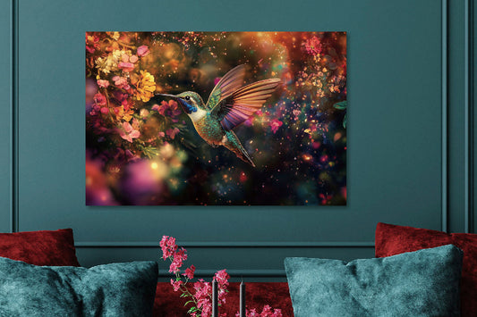 Glasschilderij vliegende kolibri naar links in kleur 120x80 cm
