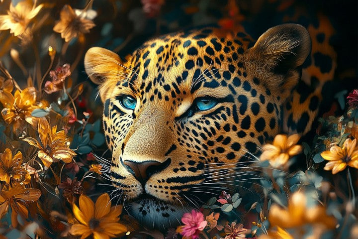 Glasschilderij Panter tussen de bloemen 120x80 cm