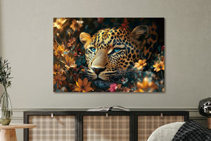 Glasschilderij Panter tussen de bloemen 120x80 cm
