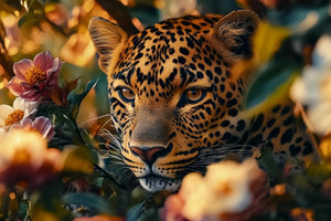 Glasschilderij verstopte Panter tussen de bloemen 120x80 cm