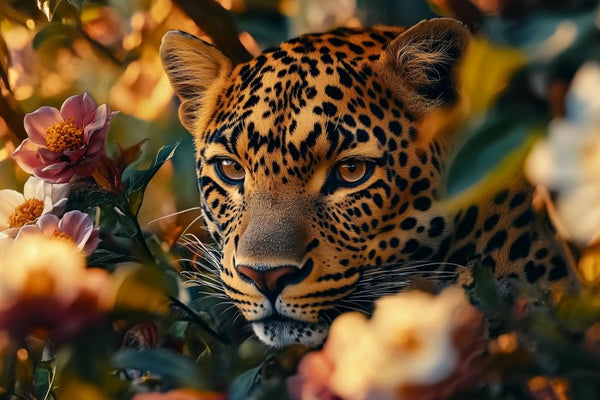 Glasschilderij verstopte Panter tussen de bloemen 120x80 cm