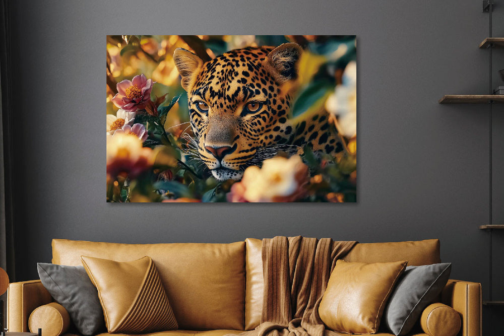 Glasschilderij verstopte Panter tussen de bloemen 120x80 cm