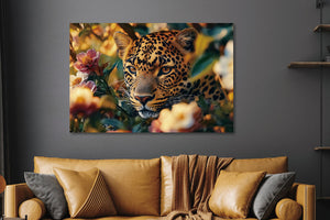 Glasschilderij verstopte Panter tussen de bloemen 120x80 cm