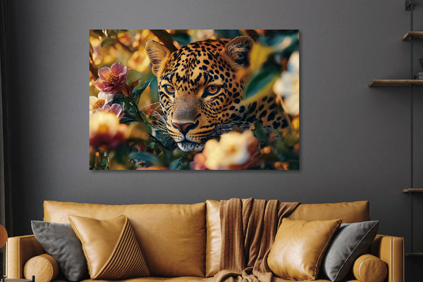 Glasschilderij verstopte Panter tussen de bloemen 120x80 cm