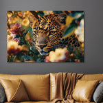 Glasschilderij verstopte Panter tussen de bloemen 120x80 cm