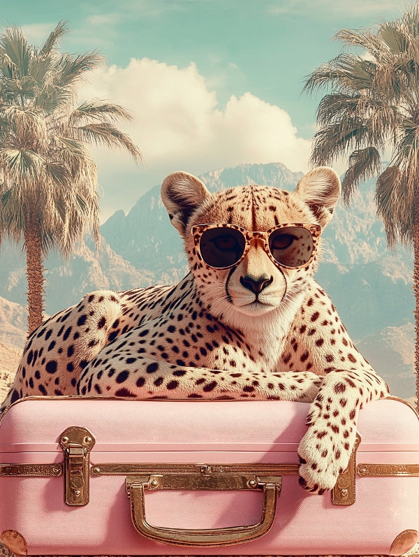 Glasschilderij Luipaard op koffer 80x120 cm