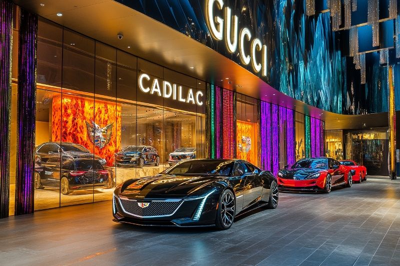 Glasschilderij dure auto`s voor fashion store 120x80 cm