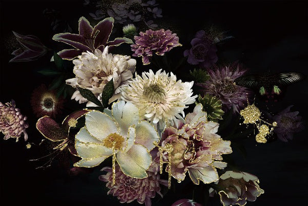 Glasschilderij bloemen met gouden rand 120x80 cm