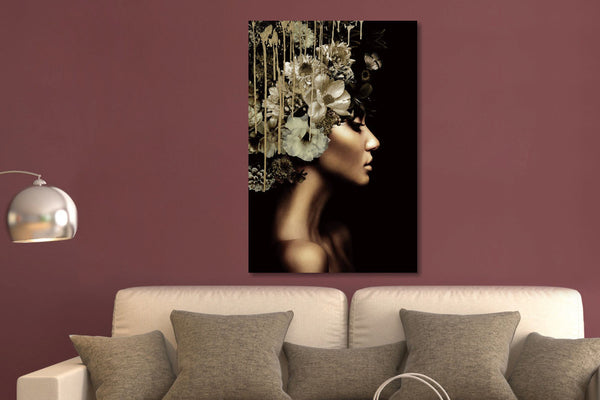 Glasschilderij vrouw/bloemen 80x120 cm