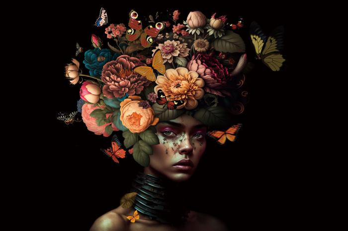 Glasschilderij vrouw met bloemen in kleur 120x80 cm