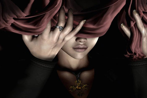 Glasschilderij vrouw met blinddoek 120x80 cm