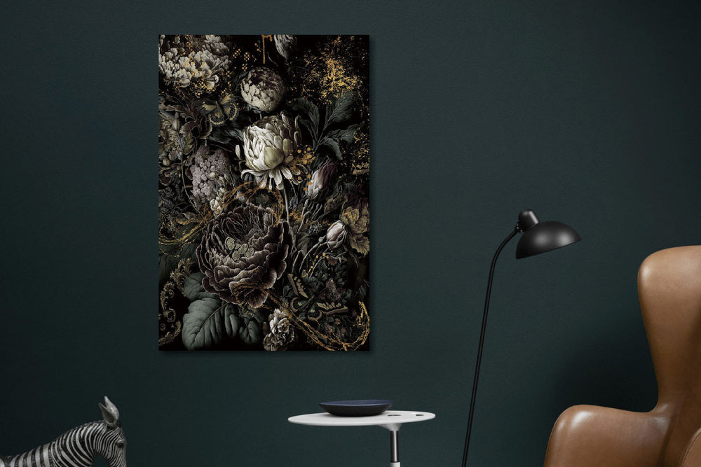 Glasschilderij  bloemen donkere tinten/gouden accenten 80x120 cm