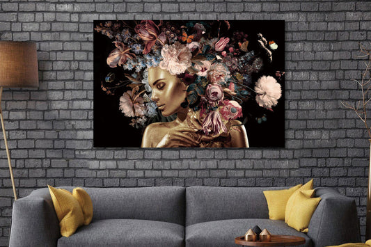Glasschilderij gouden vrouw bloemen & vlinders 120x80 cm