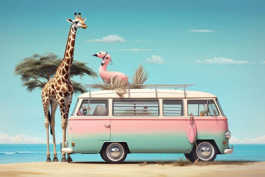Glasschilderij Giraffe & camper busje 120x80 cm van Ter Halle