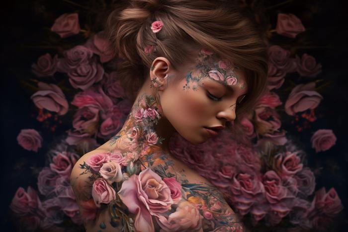 Glasschilderij vrouw tatoeages & roze bloemen 120x80 cm