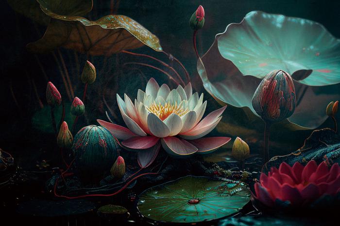 Glasschilderij waterlelies  met 3D reliëf 120x80 cm