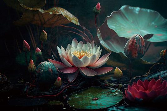 Glasschilderij waterlelies  met 3D reliëf 120x80 cm