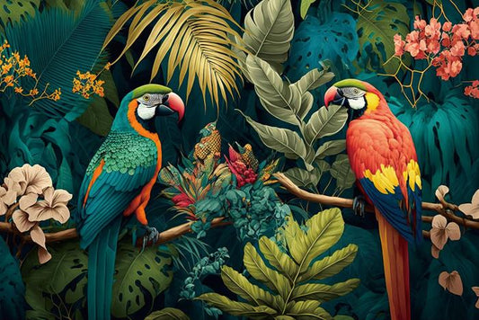 Glasschilderij gekleurde papegaaien in de jungle met 3D reliëf 120x80 cm