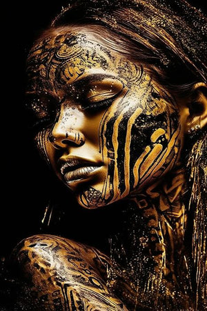 Glasschilderij vrouw gesloten ogen gouden accenten met 3D reliëf 80x120 cm