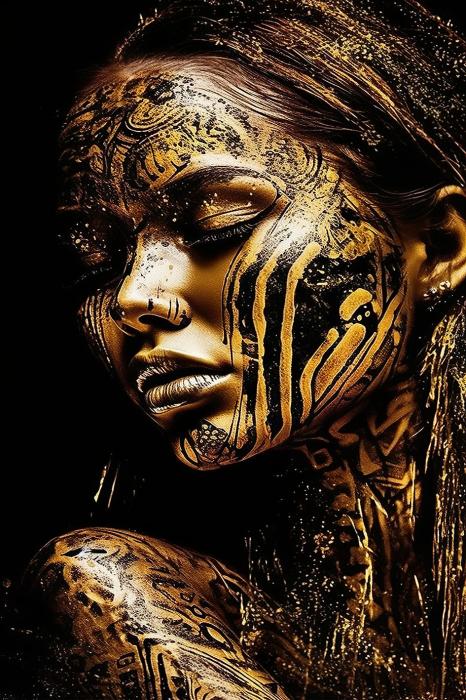 Glasschilderij vrouw gesloten ogen gouden accenten met 3D reliëf 80x120 cm