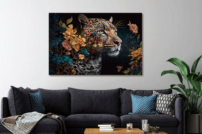 Glasschilderij Luipaard omringd door bloemen met 3D reliëf 120x80 cm