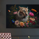 Glasschilderij Luipaard omringd door bloemen met 3D reliëf 120x80 cm