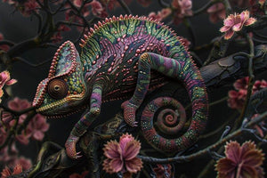 Glasschilderij Kameleon gekleurd met uniek 3D reliëf 120x80 cm