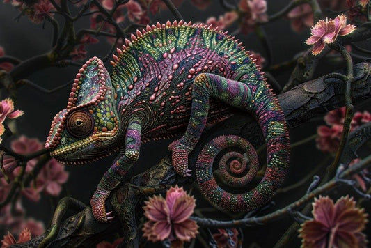Glasschilderij Kameleon gekleurd met uniek 3D reliëf 120x80 cm