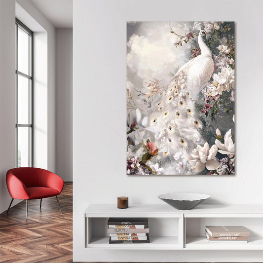 Glasschilderij Witte pauw uniek 3D reliëf 80x120 cm (Magazijn sale)