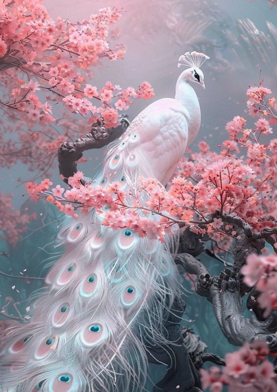 Glasschilderij witte pauw roze bloemen uniek 3D reliëf 80x120 cm