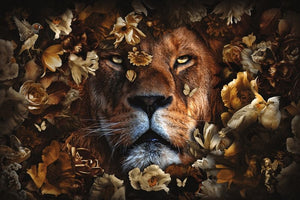 Glasschilderij leeuwen kop in bloemen 120x80 cm