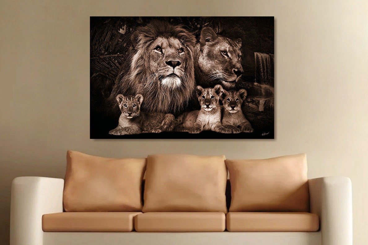 Glasschilderij leeuw + drie welpjes 120x80 cm (Magazijn sale)