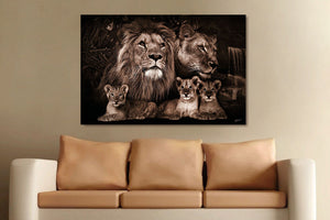 Glasschilderij leeuw + drie welpjes 120x80 cm (Magazijn sale)