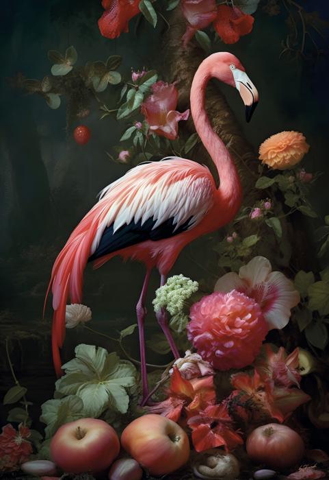 Glasschilderij Flamingo met bloemen en fruit 80x120 cm
