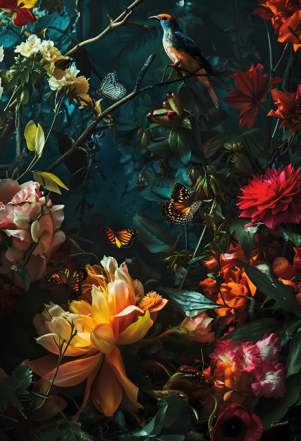 Glasschilderij Jungle met vlinder en paradijs vogel 80x120 cm