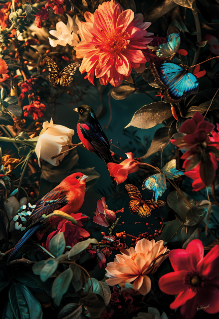 Glasschilderij Jungle met vlinders en paradijs vogels 80x120 cm van Ter Halle