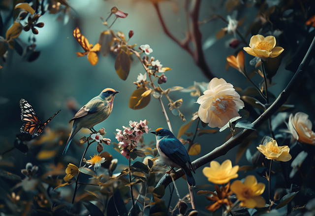 Glasschilderij Jungle met bloemen, vogels & vlinders  - 120x80 cm