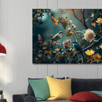 Glasschilderij Jungle met bloemen, vogels & vlinders  - 120x80 cm