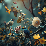 Glasschilderij Jungle met bloemen, vogels & vlinders  - 120x80 cm