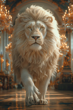 Glasschilderij witte leeuw in paleis 80x120 cm