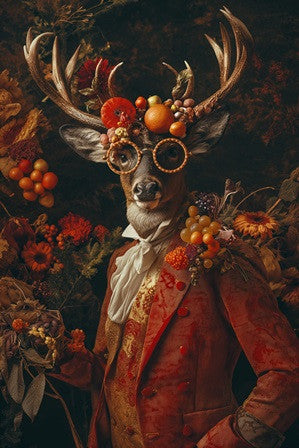 Glasschilderij Hert in pak met rood fruit 80x120 cm