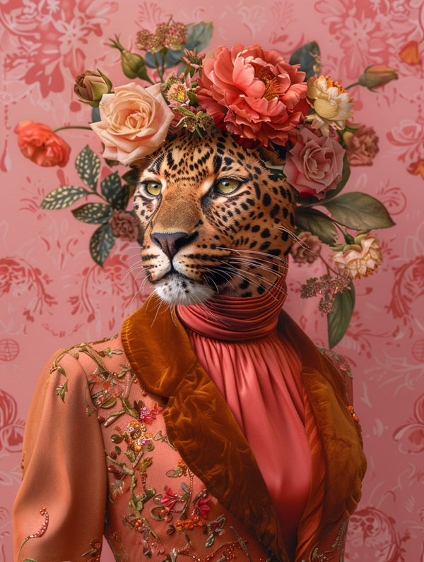 Glasschilderij tijger in pak en bloemen 80x120 cm