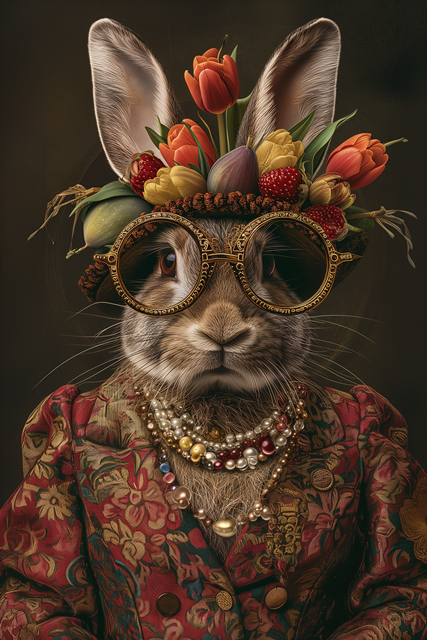 Glasschilderij konijn met bril en bloemenkrans 80x120 cm