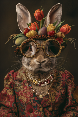 Glasschilderij konijn met bril en bloemenkrans 80x120 cm