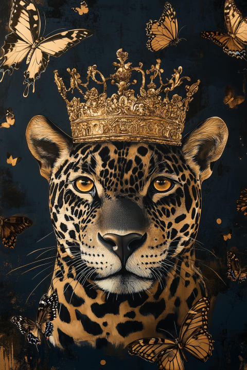 Glasschilderij Panter met kroon & vlinders 80x120 cm